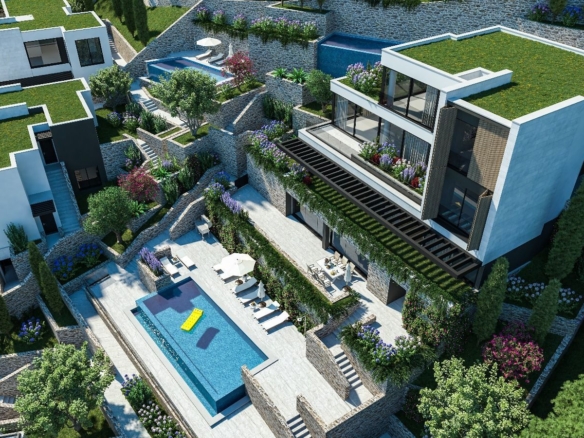 Luksuzna townhouse vila u novom kompleksu u Tivtu, Donja Lastva, sa pogledom na more, privatnim bazenom i podzemnom garažom