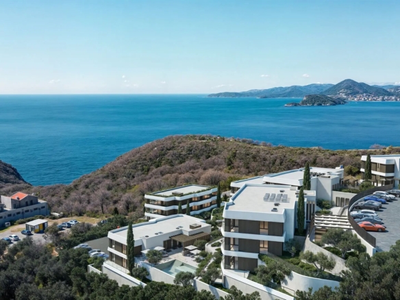 Jednosoban opremljen stan 64.16m2 + 19.76m2 dvorista u luksuznom stambenom kompleksu sa panoramskim pogledom na more, spa centrom i vrhunskim sadržajima u Reževićima, Budva