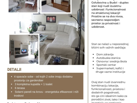 Prostran cetvorosoban dupleks stan 170m² sa 6 terasa u naselju Golubovina – Budva