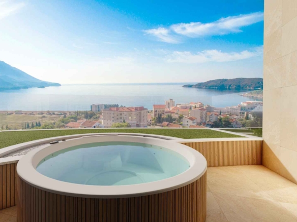 Trosoban stan 113m2 u novom kompleksu sa bazenom, SPA i pogledom na more – BECICI